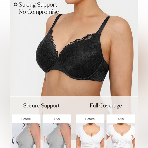 Popilush Lace Minimizer Underwire Bra Full Coverage Push Up Black 34C NEW - Picture 3 of 6
